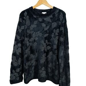 J Jill Heavy Knit Silk Wool Crewneck Sweater Loose Fit Floral Casual Black - XL